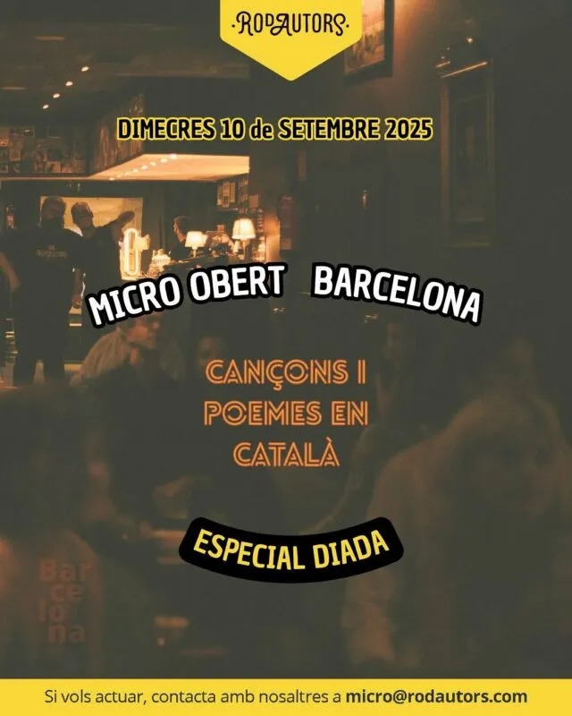 🕗Dimecres a les 21h… ja saps què toca, no?
🎤Una nova sessió del micro obert amb molta música i emoció. Aquesta vegada ho farem tot en català perque és ESPECIAL DIADA.
🍷T’esperem amb una copa i un escenari ple de màgia!
____________
🕗Miércoles a las 21h... ¿ya sabes qué toca, no?
🎤Una nueva sesión del micro obert con mucha música y emoción. Esta vez lo haremos todo en catalán porque es ESPECIAL DIADA.
🍷¡Te esperamos con una copa y un escenario lleno de magia!
#Rodautors #microobert #Barcelona #musica #musicadeautora #musicadeautor #cantautor #cantautora #openmic