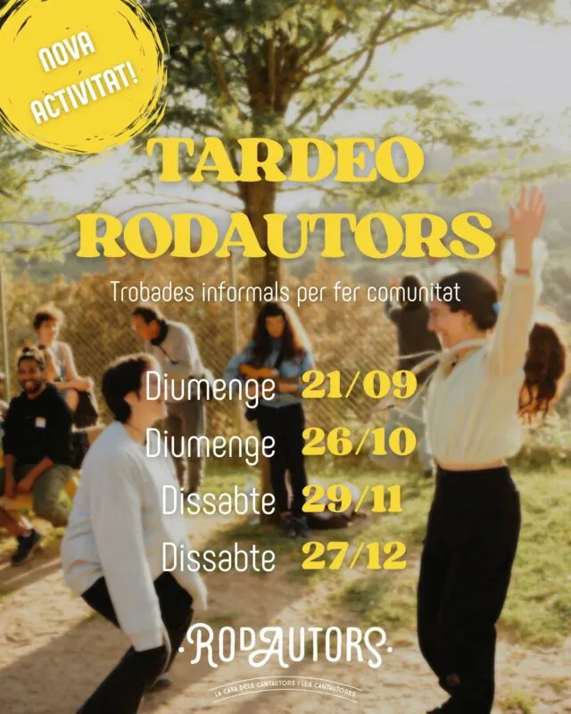 TARDEO RODAUTORS: NOVA ACTIVITAT MENSUAL! 🌻
Hola a tothom!
Hem encetat temporada i els motors de rodautors están treient fum buscant noves activitats que nodreixin l'associació. Una d'aquestes noves iniciatives arriba d'aquí molt poquet. Consisteix en un nou format de trobades, on l'objectiu és fer comunitat, coneixer-nos, fer música... Trobant-nos un cop al mes de manera informal, amb l'única excusa de compartir i pasar-ho bé. 🎈
La primera d'aquestes trobades tindrà lloc al Parc de la Ciutadella, a les 17h de la tarda, el dia 21 de setembre. Obert a tothom amb gabes de ajuntar-se. 🌳
Així que reserva't la data, porta el teu instrument i quelcom que et vingui de gust compartir (per fer pulseres, per pintar, algún joc de taula... El que tu vulguis!) i ens trobem d'aquí molt poquet! 🎲
Ampliarem informació quan s'apropi la data.
-----------------------------
TARDEO RODAUTORS: ¡NUEVA ACTIVIDAD MENSUAL! 🌻
¡Hola a todo el mundo!
Hemos arrancado temporada y los motores de Rodautors están echando humo buscando nuevas actividades que nutran la asociación. Una de estas nuevas iniciativas llega dentro de muy poquito. Consiste en un nuevo formato de encuentros, donde el objetivo es hacer comunidad, conocernos, hacer música… Reuniéndonos una vez al mes de manera informal, con la única excusa de compartir y pasarlo bien. 🎈
La primera de estas quedadas tendrá lugar en el Parque de la Ciutadella, a las 17h de la tarde, el día 21 de septiembre. Abierto a todxs con ganas de juntarse. 🌳
Así que ¡reserva la fecha!, trae tu instrumento y algo que te apetezca compartir (para hacer pulseras, para pintar, algún juego de mesa… ¡lo que tú quieras!) y nos vemos dentro de muy poquito. 🎲
Ampliaremos información cuando se acerque la fecha.