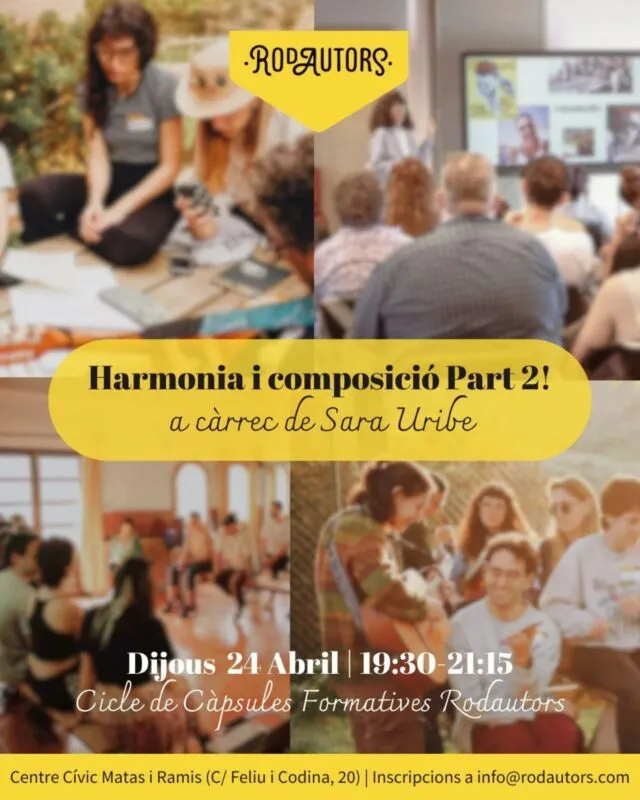 Aquest dijous dia 24 a les 19:30h al CC Matas i Ramis,
la Sara Uribe ofereix la 2a part de la càpsula formativa gratuïta sobre harmonia i composició 🎶
És gratis per a tothom 🤗, socxis i no socixs
Inscripcions a comunicacio@rodautors.com
🤟🏼 No us ho perdeu!
Més info taller: com trobar l'acord que em falta en aquella cançó? Com construïr seqüències harmòniques originals i expressives? Com no caure sempre en els mateixos acords? Com enriquir el meu so? Entenc el que estic fent quan enllaço diferents acords?
Fins dijous! ✨
______
Este jueves día 24 a las 19:30h al CC