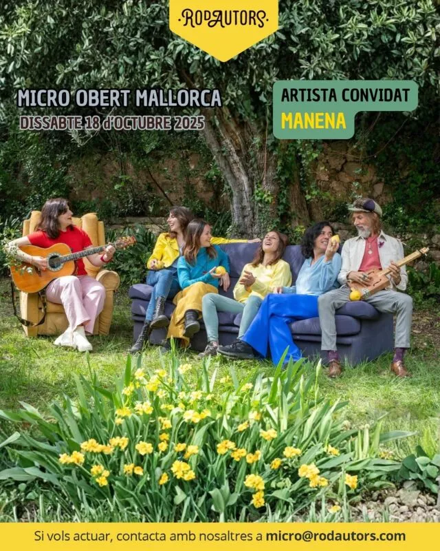 🎶 Reobrim el micro obert de Rodautors Mallorca!

Ens fa molta il·lusió tornar a compartir cançons i paraules en un ambient proper i familiar. Si et ve de gust cantar, tocar, recitar o simplement escoltar i fer pinya, aquest és el teu lloc 🤗

📍 Espaisuscultura — C. de Miquel Capllonch, 33 (local 1), Palma
📅 Dissabte 18 d’octubre
⏰ De 12:00 a 14:00

Vine amb el cor obert i ganes de gaudir de música en viu. T’hi esperem! 🎤

👏 Fort aplaudiment al nostre soci @antonio.delaflor13 per la seva bona vibra 😍

————————

🎶 ¡Reabrimos el micro abierto de Rodautors Mallorca!
Nos hace mucha ilusión volver a compartir canciones y palabras en un ambiente cercano y familiar. Si te apetece cantar, tocar, recitar o simplemente escuchar y hacer piña, este es tu sitio. 🤗

📍 Espaisuscultura — C. de Miquel Capllonch, 33 (local 1), Palma
📅 Sábado 18 de octubre
⏰ De 12:00 a 14:00

Ven con el corazón abierto y ganas de disfrutar de música en vivo. ¡Te esperamos! 🎤

👏 Fuerte aplauso a nuestro socio Antonio de la Flor por su buena vibra 😍

#Rodautors #RodautorsMallorca #Espaisuscultura #MicroObert #MicroAbierto #OpenMic #Palma #Mallorca #MúsicaEnViu #MusicaEnVivo #CulturaMallorca #PlanDeSábado